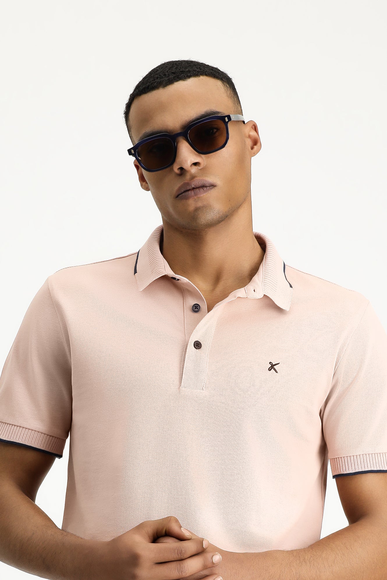 Toz Pembe Polo Yaka Slim Fit Dar Kesim Desenli Nakışlı Pamuk Tişört - Image 5