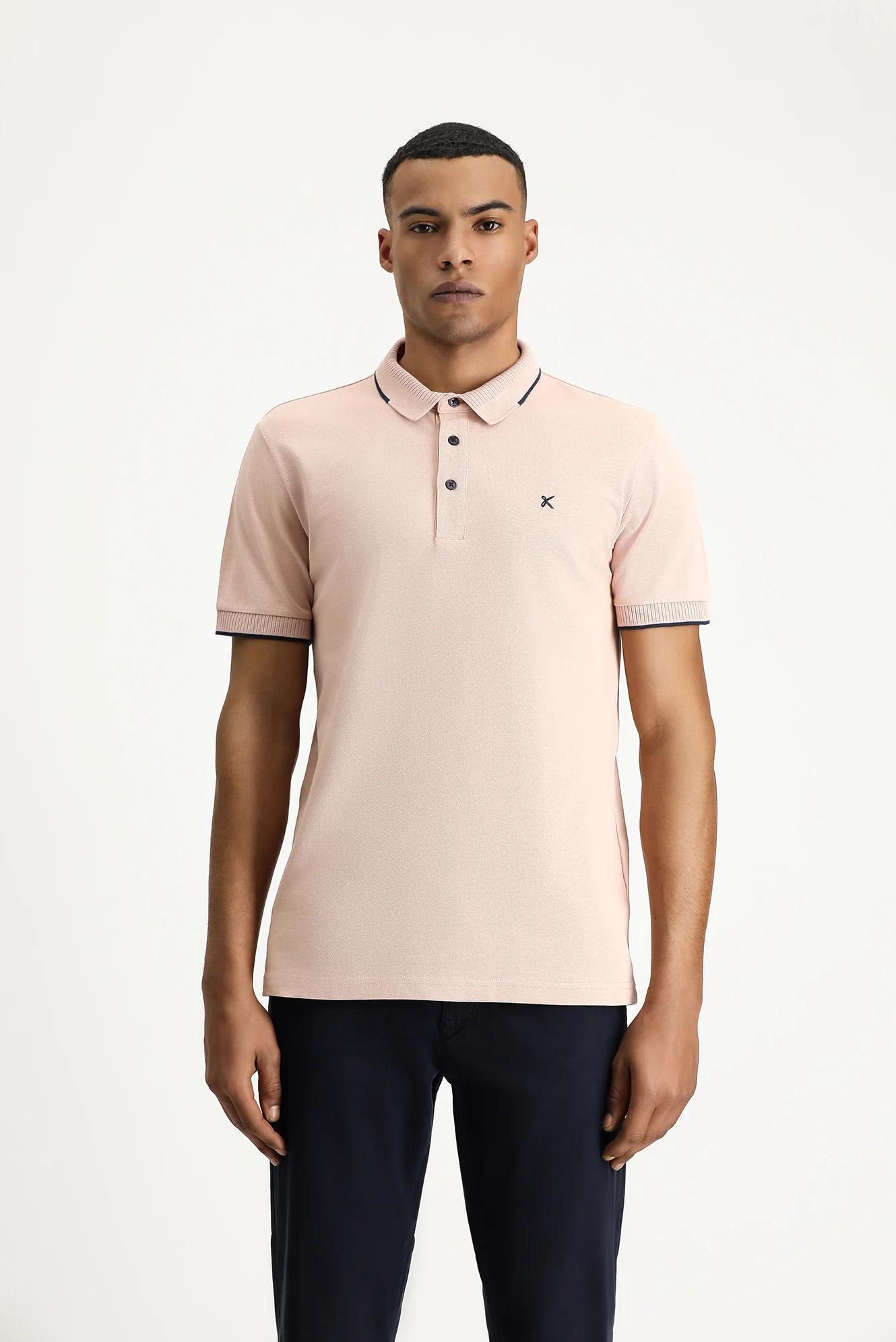 Toz Pembe Polo Yaka Slim Fit Dar Kesim Desenli Nakışlı Pamuk Tişört - Image 7