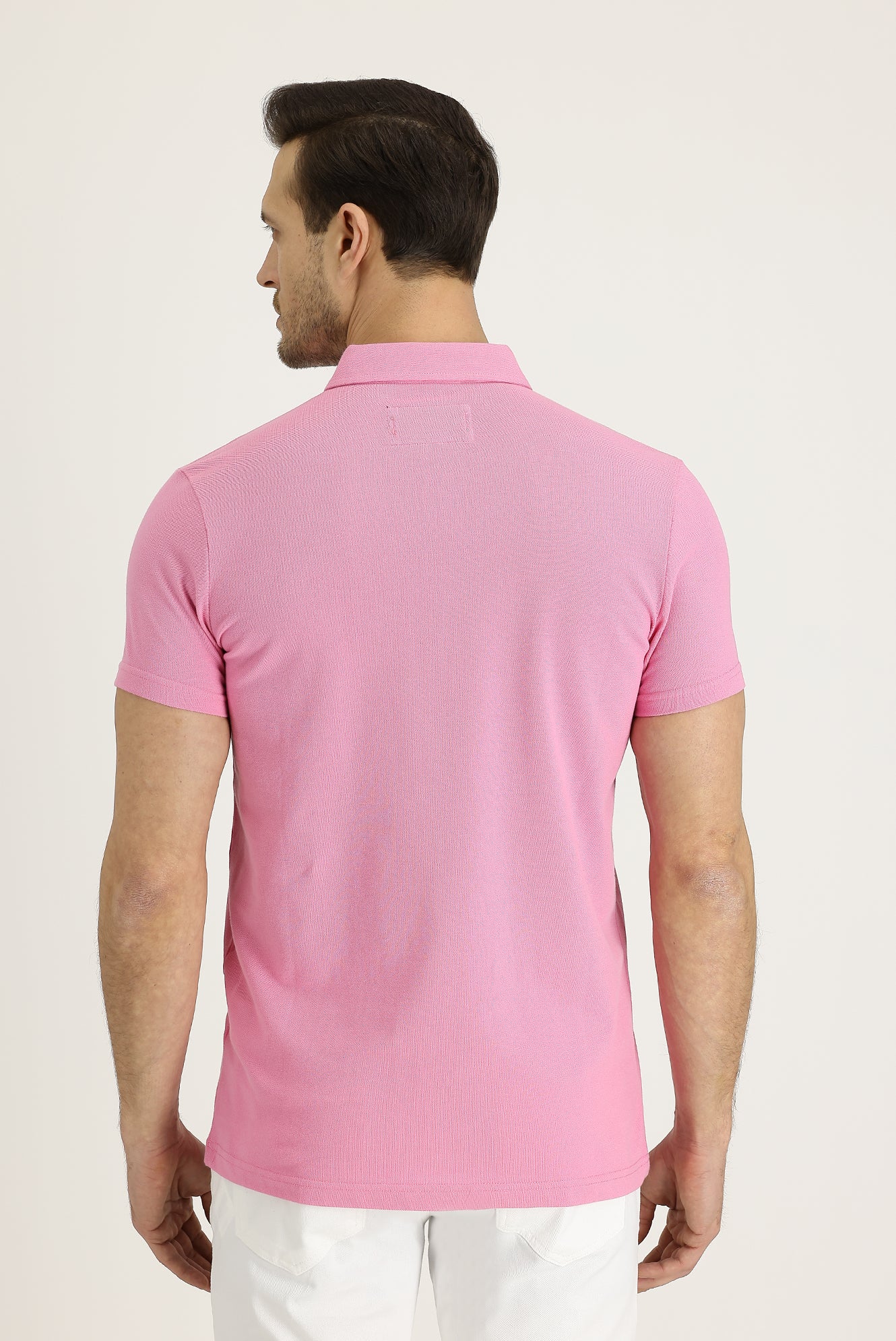 Toz Pembe Polo Yaka Slim Fit Dar Kesim Desenli Pamuk Tişört - Image 4