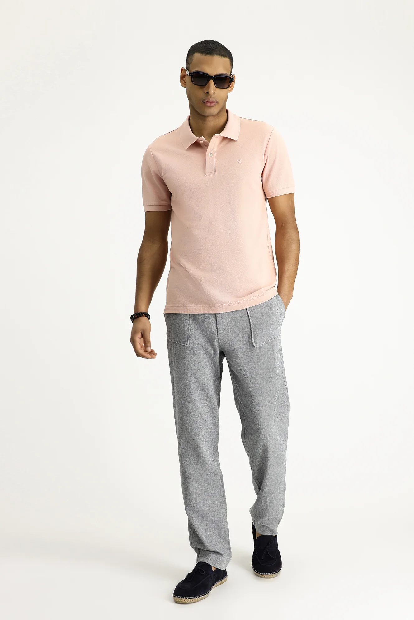 Toz Pembe Polo Yaka Slim Fit Dar Kesim Nakışlı Pamuk Tişört - Image 2