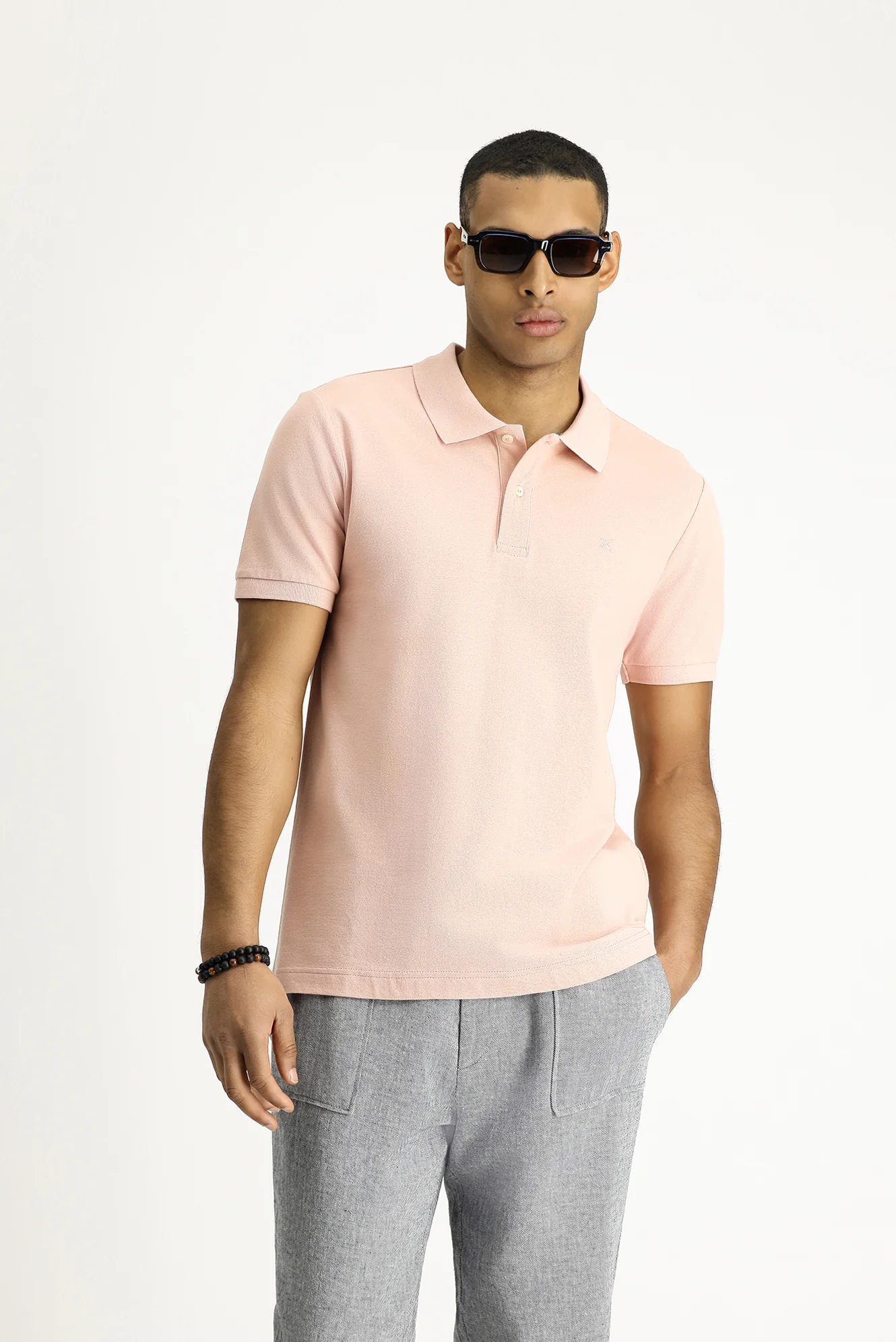 Toz Pembe Polo Yaka Slim Fit Dar Kesim Nakışlı Pamuk Tişört - Image 3