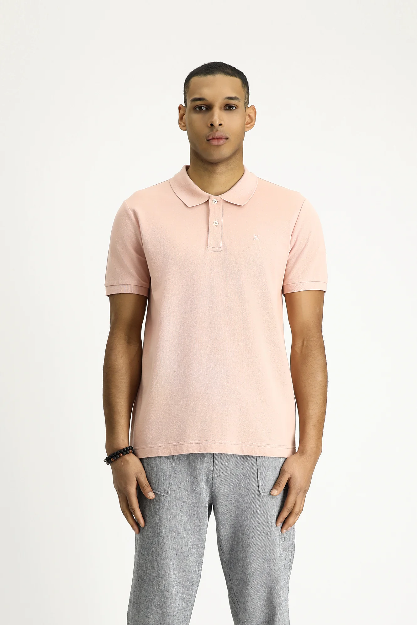 Toz Pembe Polo Yaka Slim Fit Dar Kesim Nakışlı Pamuk Tişört - Image 4
