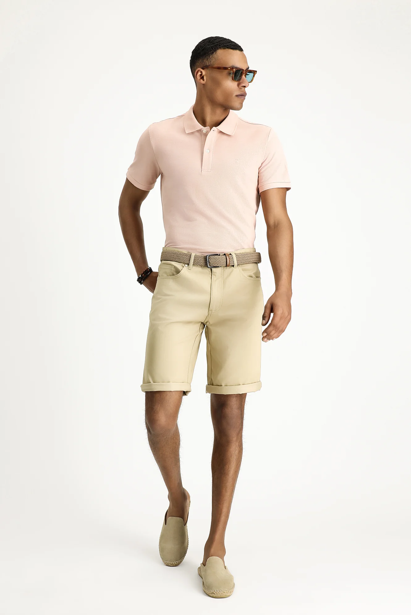 Toz Pembe Polo Yaka Slim Fit Dar Kesim Nakışlı Pamuk Tişört - Image 2