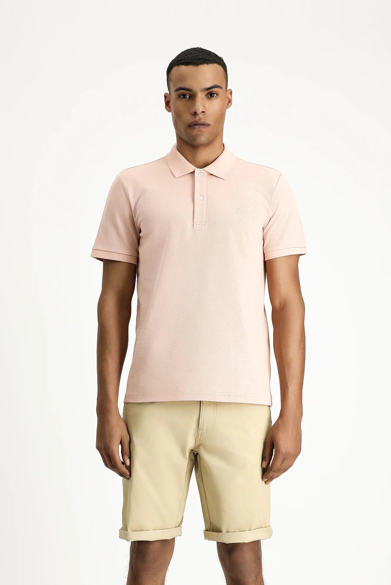Toz Pembe Polo Yaka Slim Fit Dar Kesim Nakışlı Pamuk Tişört - Image 3