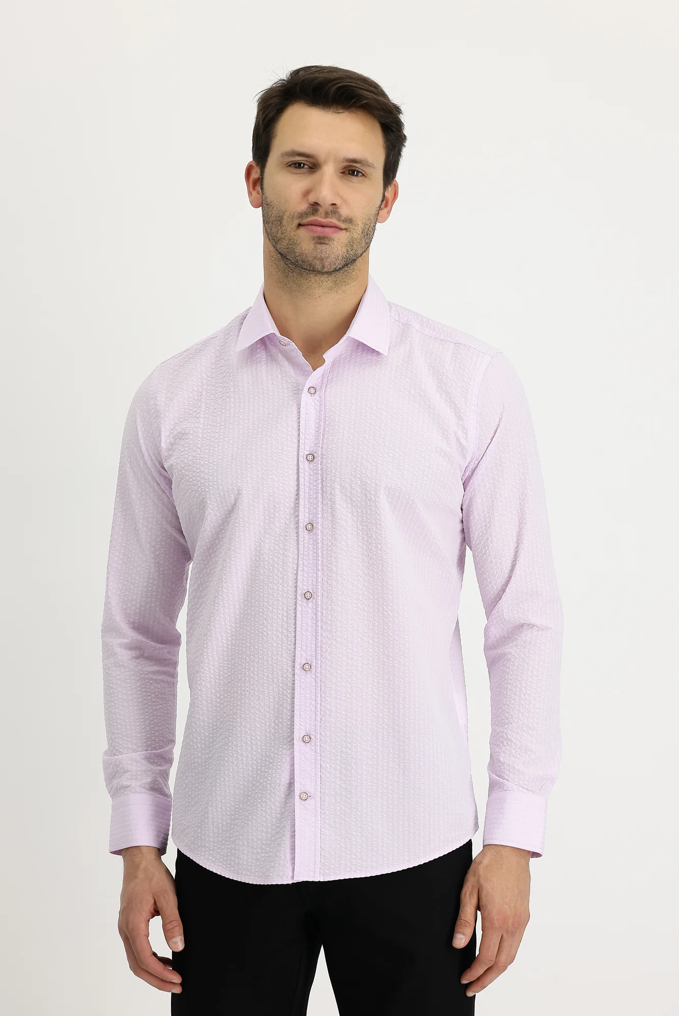 Toz Pembe Uzun Kol Slim Fit Dar Kesim Çizgili Pamuk Gömlek