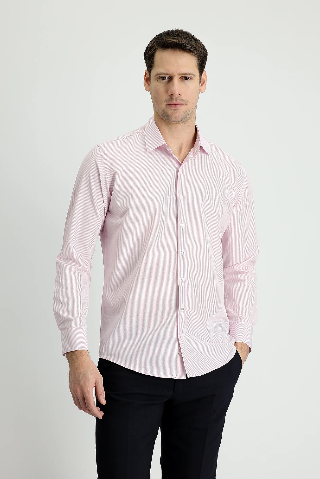 Toz Pembe Uzun Kol Slim Fit Dar Kesim Çizgili Pamuklu Kolay Ütülenebilir Gömlek