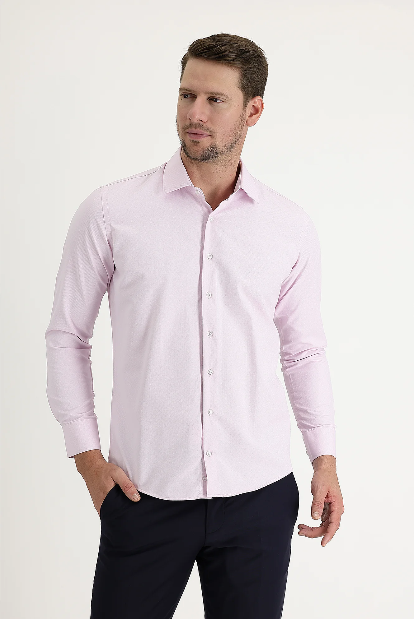 Toz Pembe Uzun Kol Slim Fit Dar Kesim Klasik Desenli Pamuklu Kolay Ütülenebilir Gömlek