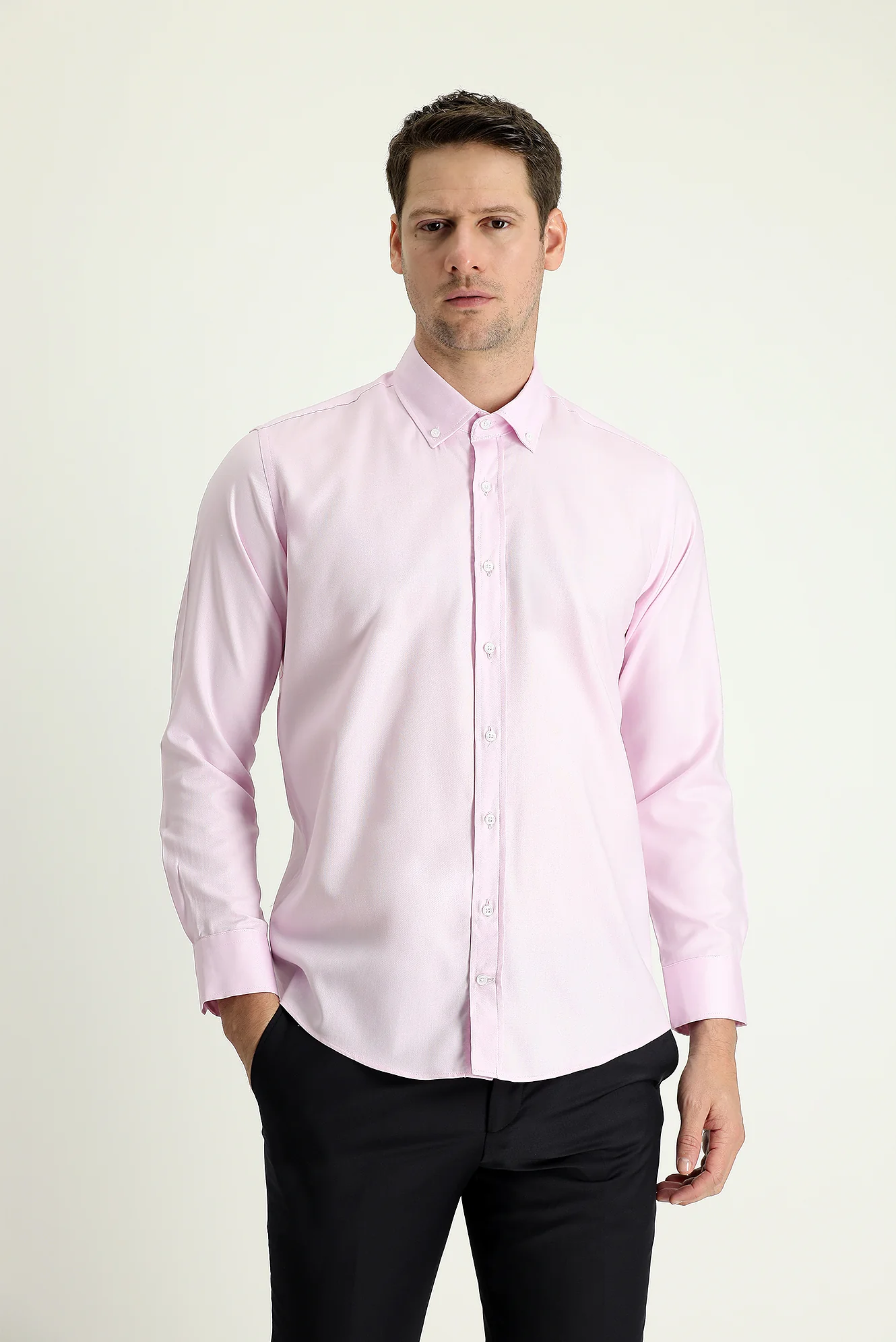 Toz Pembe Uzun Kol Slim Fit Dar Kesim Oxford Pamuk Düğmeli Yaka Gömlek - Image 2