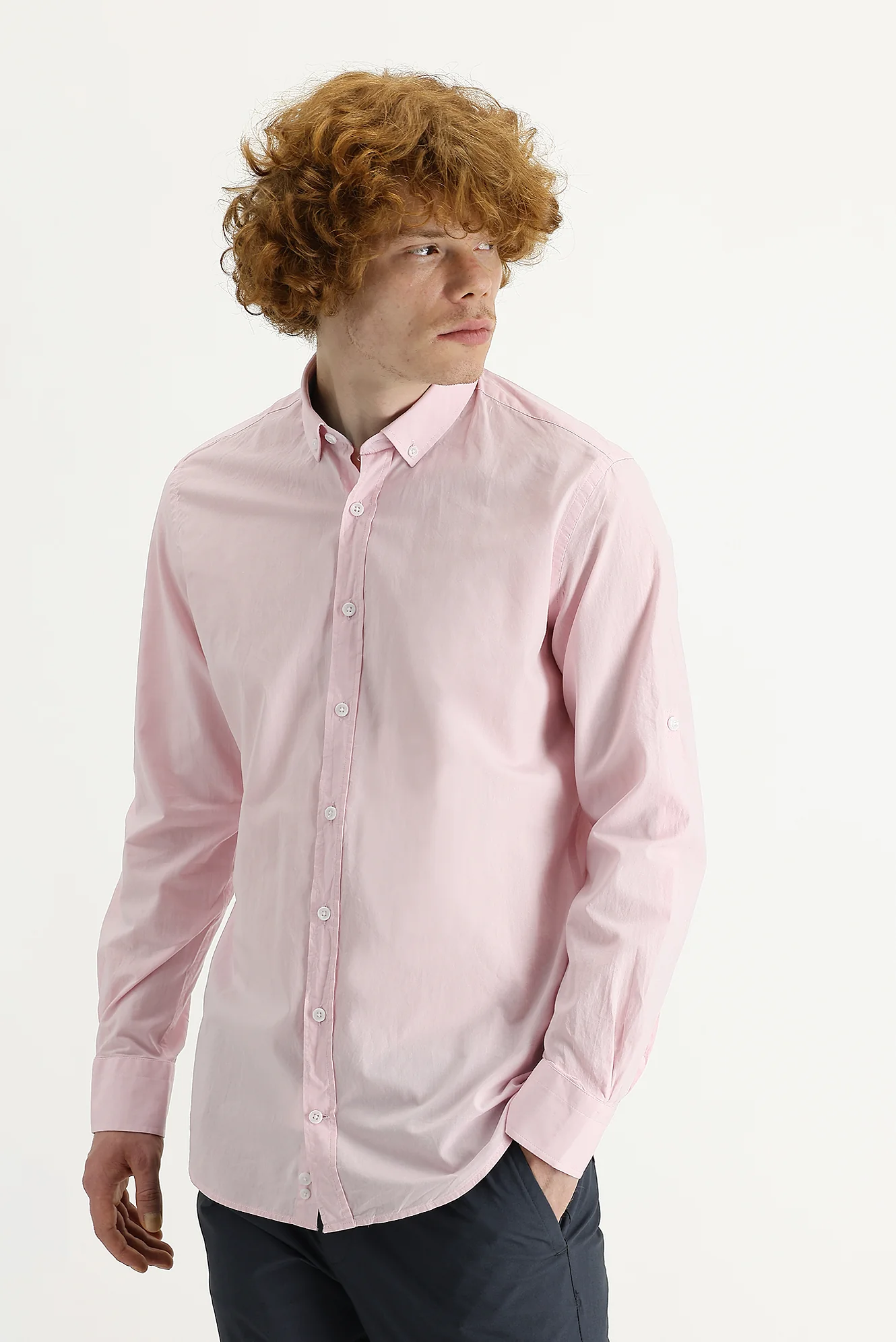 Toz Pembe Uzun Kol Slim Fit Dar Kesim Pamuk Gömlek - Image 2