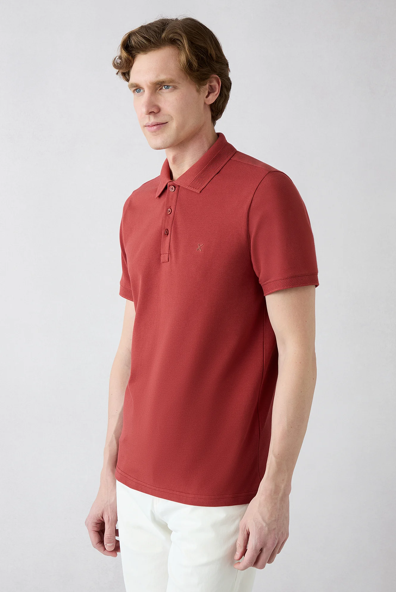 Turuncu Kıvrılmaz Polo Yaka Slim Fit Dar Kesim Ribana Detaylı Pamuk Tişört - Image 2