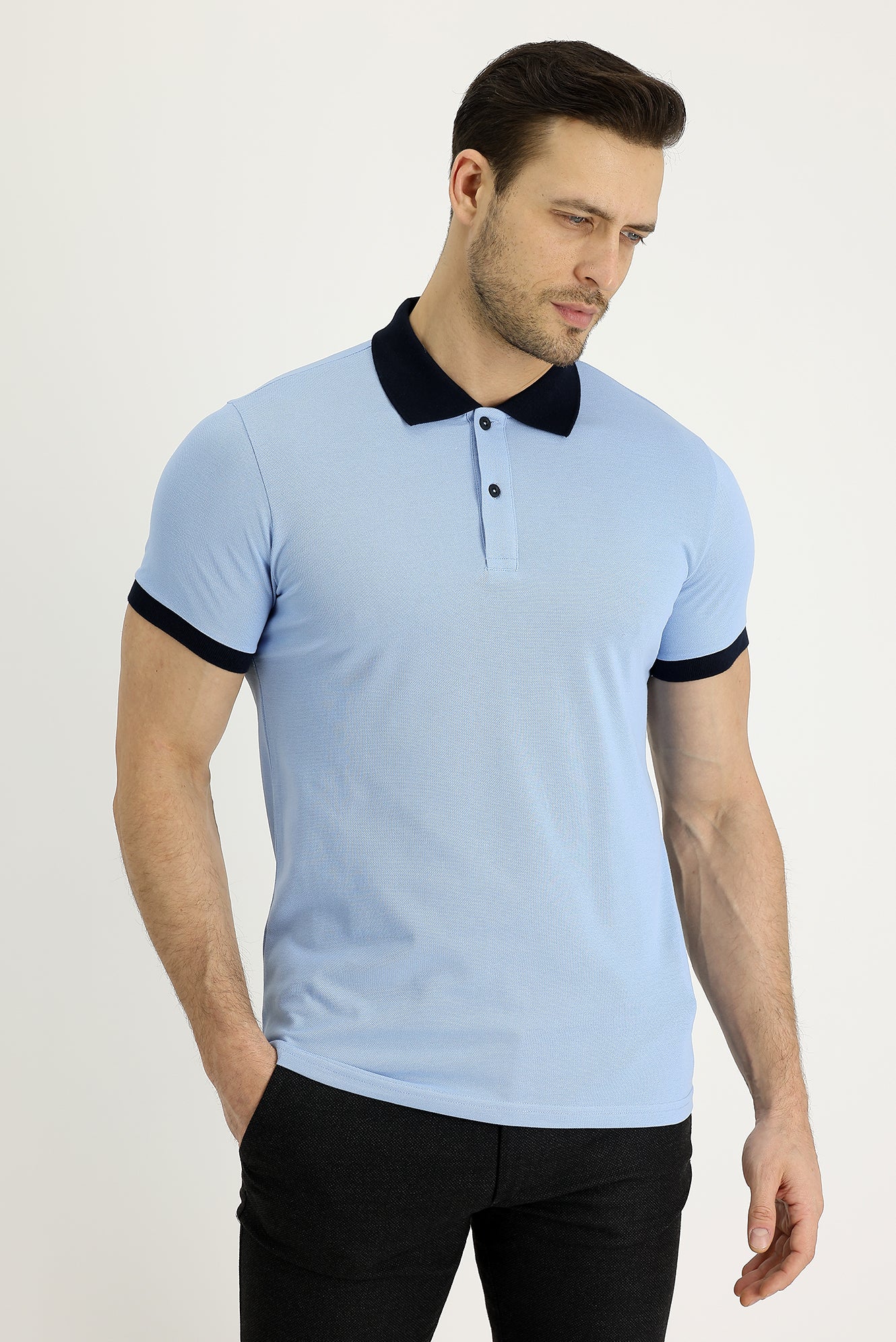 Uçuk Mavi Polo Yaka Slim Fit Dar Kesim Desenli Pamuk Tişört