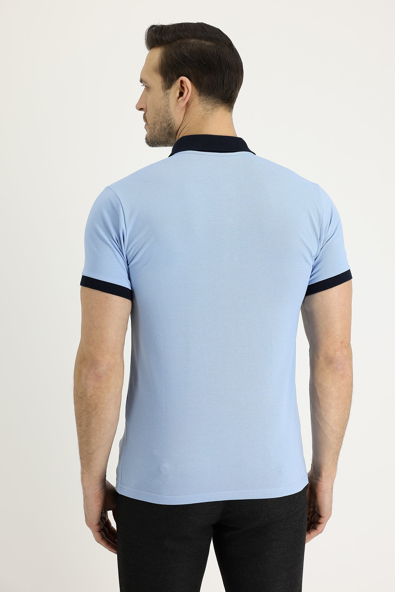 Uçuk Mavi Polo Yaka Slim Fit Dar Kesim Desenli Pamuk Tişört - Image 2