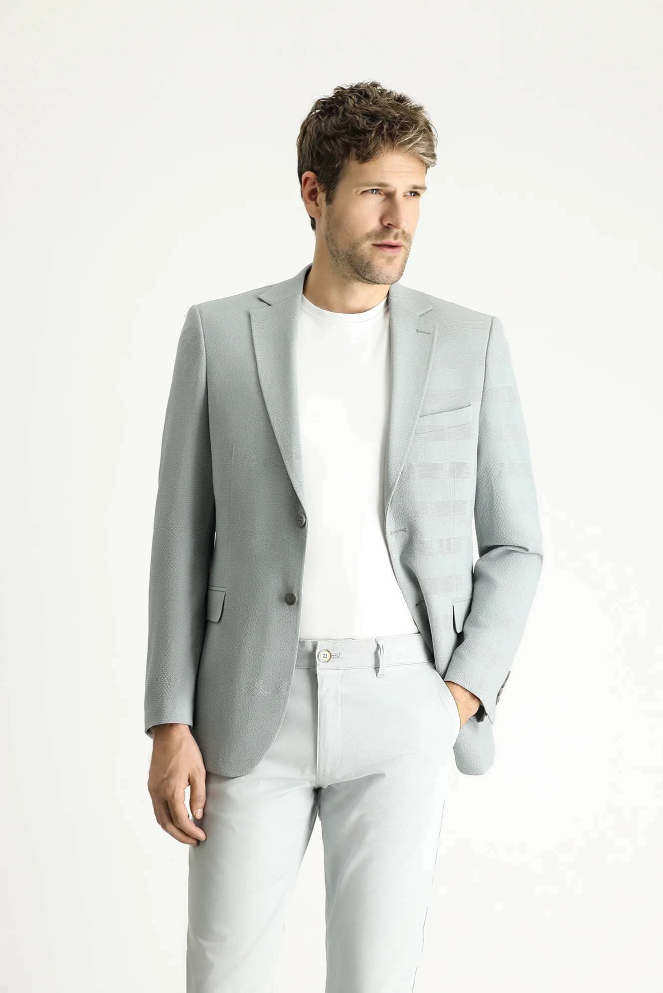 Uçuk Mavi 4 Drop Relaxed Fit Rahat Kesim Klasik Ekose Gofre Ceket