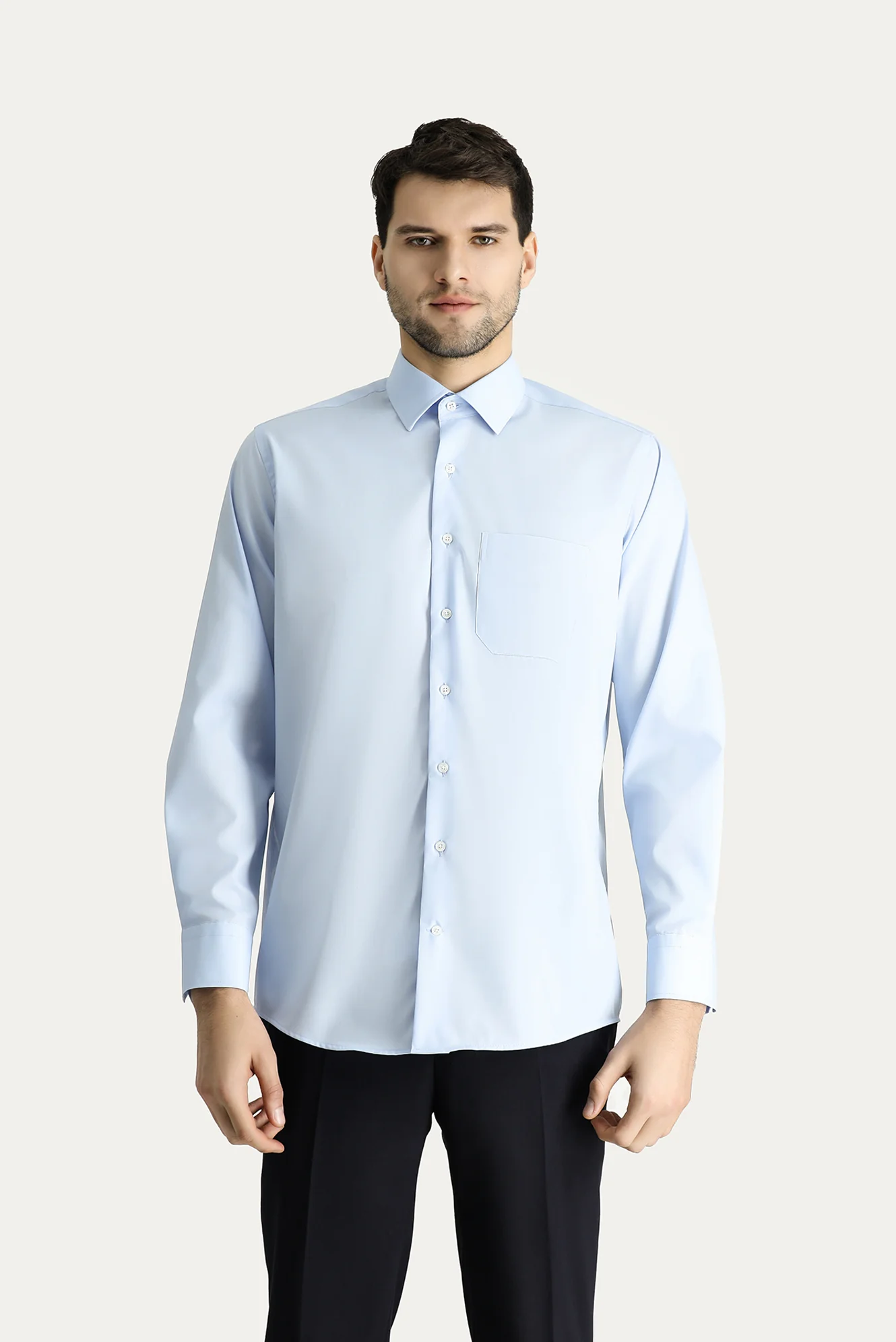 Uçuk Mavi Uzun Kol Regular Fit Klasik Yaka Cepli Pamuklu Non Iron Ütü Gerektirmeyen Gömlek - Image 3