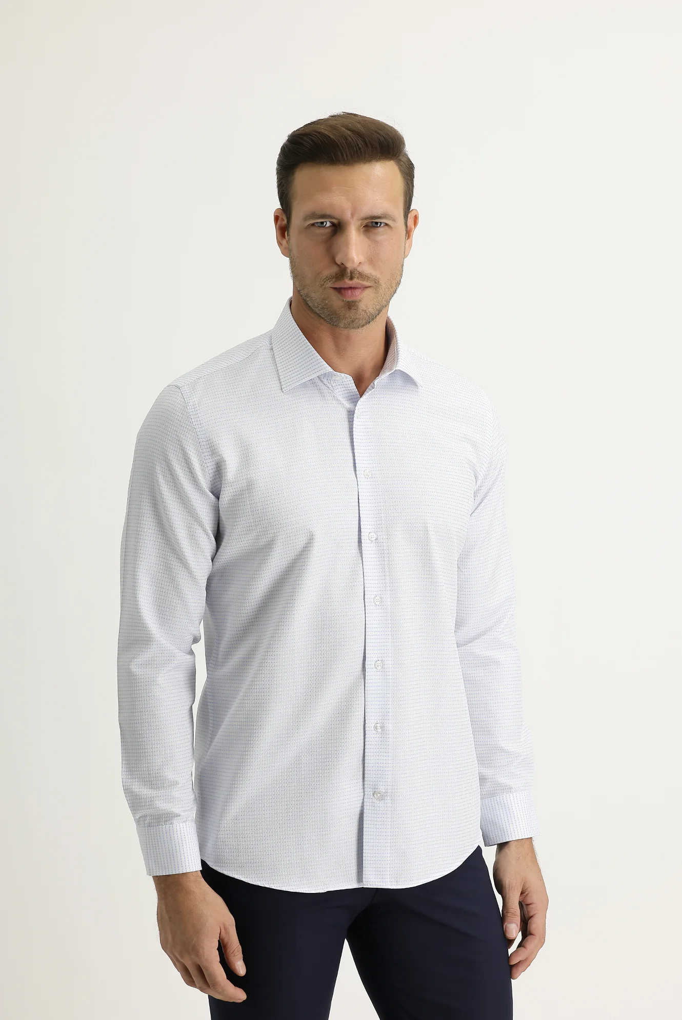 Uçuk Mavi Uzun Kol Slim Fit Dar Kesim Desenli Gömlek - Image 2