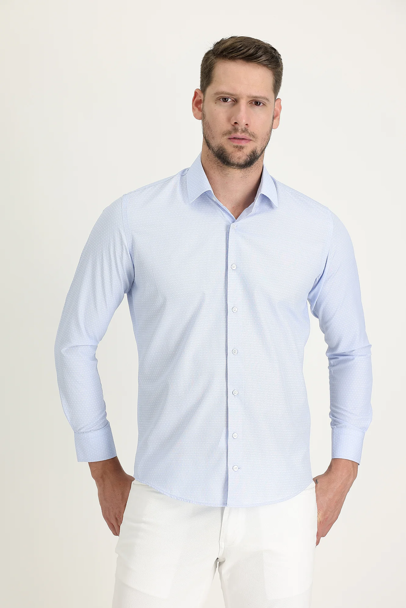 Uçuk Mavi Uzun Kol Slim Fit Dar Kesim Desenli Oxford Pamuklu Kolay Ütülenebilir Gömlek