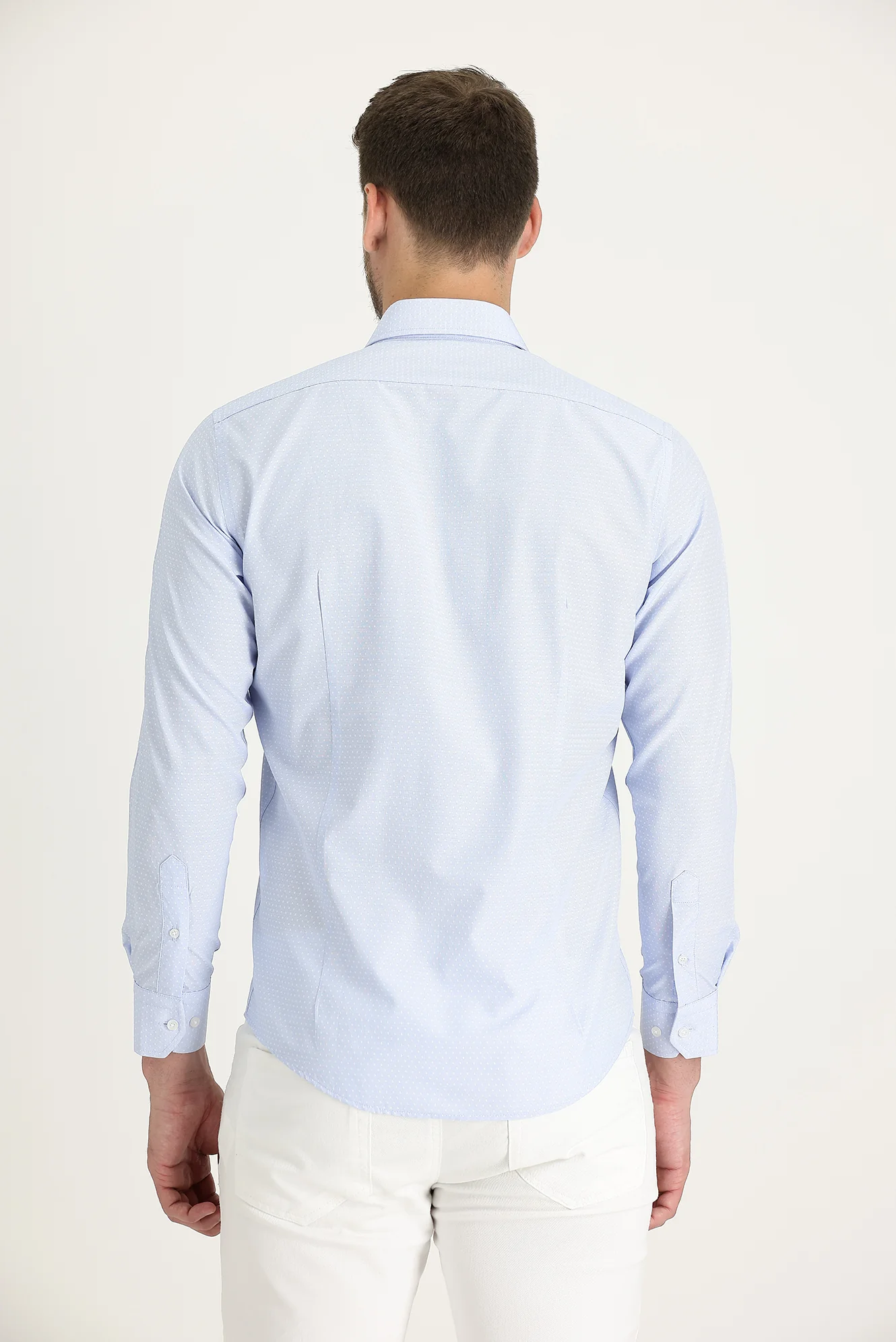 Uçuk Mavi Uzun Kol Slim Fit Dar Kesim Desenli Oxford Pamuklu Kolay Ütülenebilir Gömlek - Image 3
