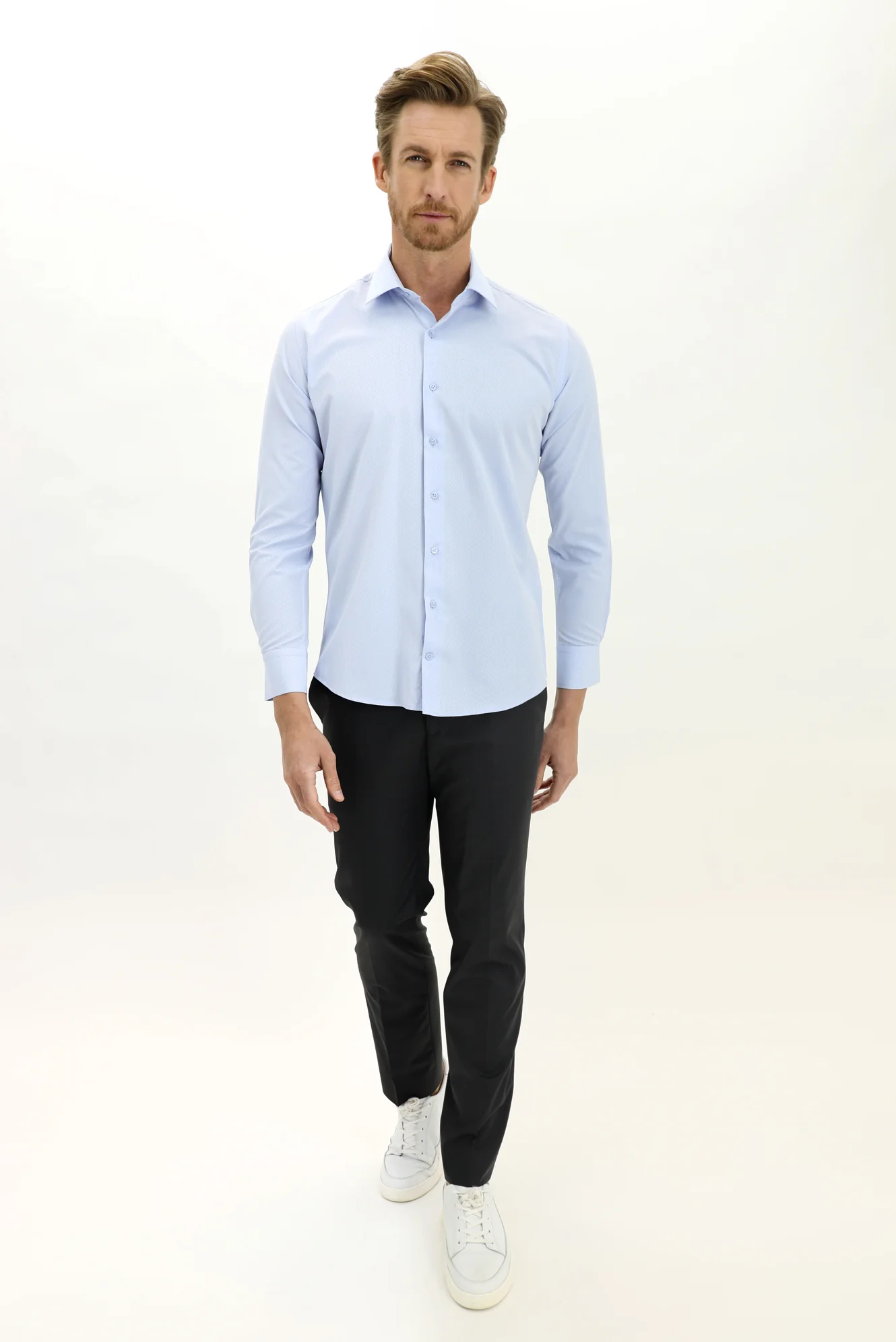 Uçuk Mavi Uzun Kol Slim Fit Dar Kesim Desenli Pamuklu Gömlek - Image 2
