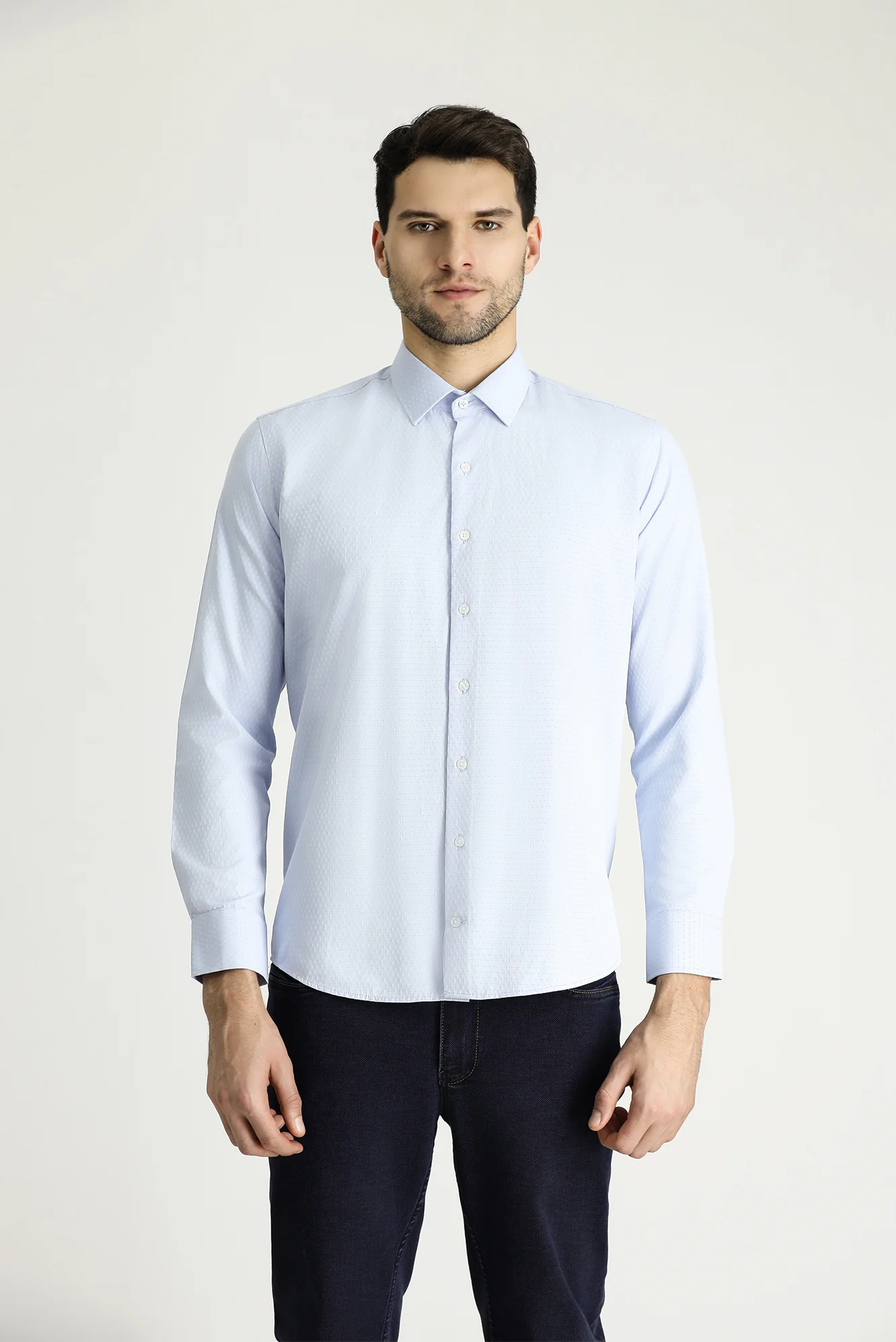 Uçuk Mavi Uzun Kol Slim Fit Dar Kesim Klasik Desenli Pamuklu Gömlek - Image 3