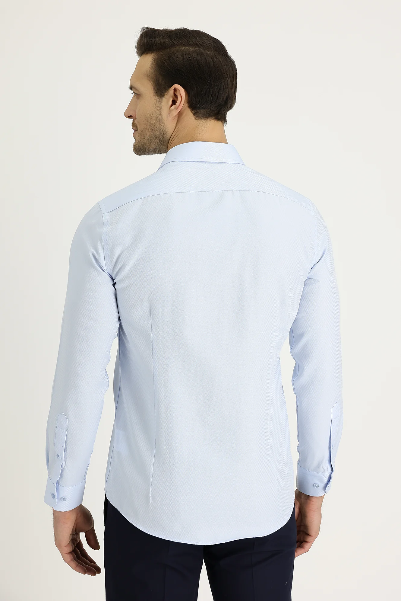 Uçuk Mavi Uzun Kol Slim Fit Dar Kesim Klasik Desenli Pamuklu Kolay Ütülenebilir Gömlek - Image 3