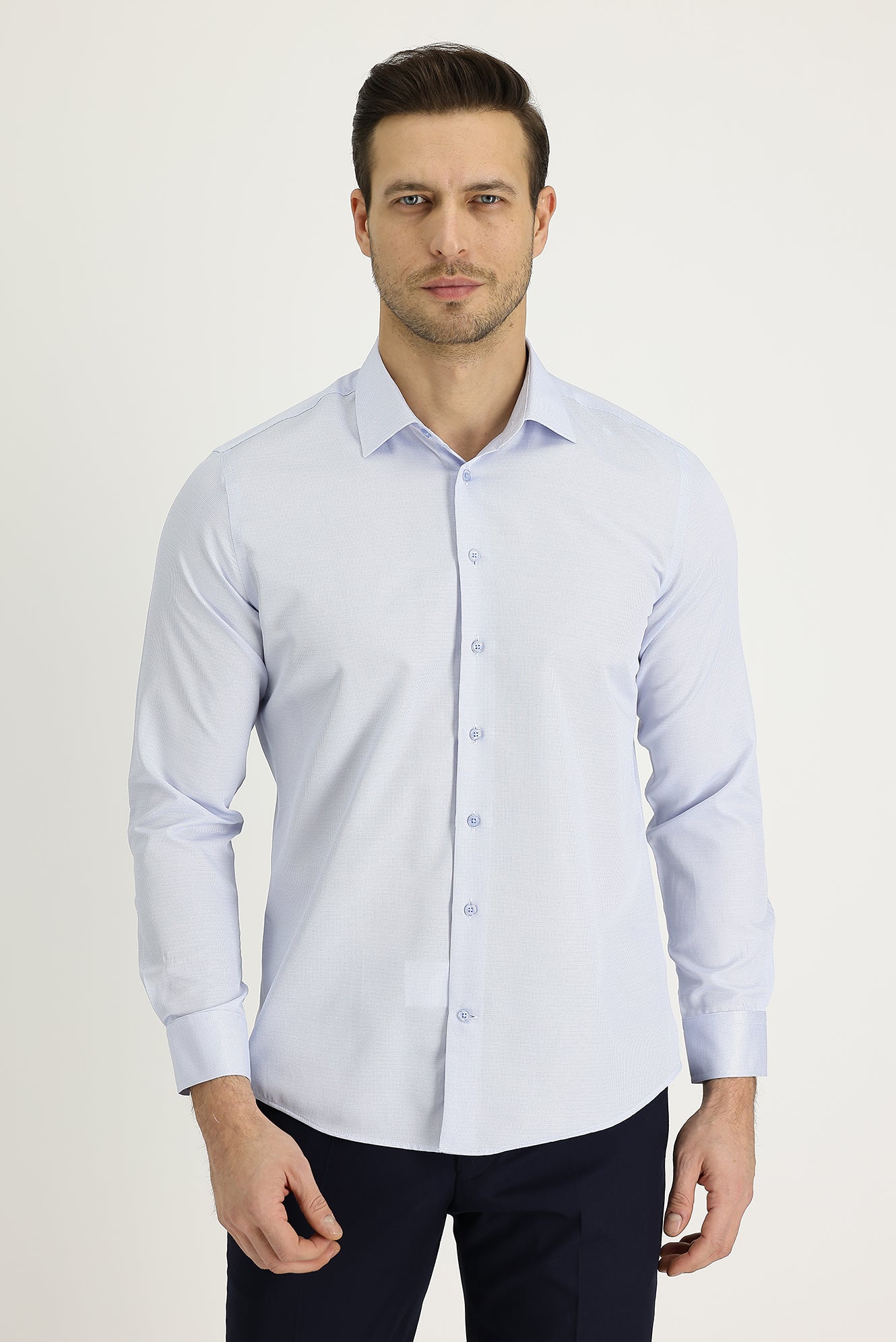 Uçuk Mavi Uzun Kol Slim Fit Dar Kesim Klasik Desenli Pamuklu Kolay Ütülenebilir Gömlek - Image 2