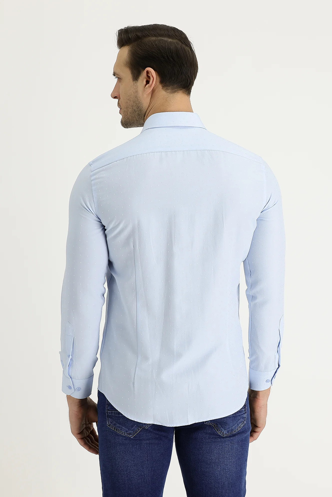 Uçuk Mavi Uzun Kol Slim Fit Dar Kesim Klasik Desenli Pamuklu Kolay Ütülenebilir Gömlek - Image 3