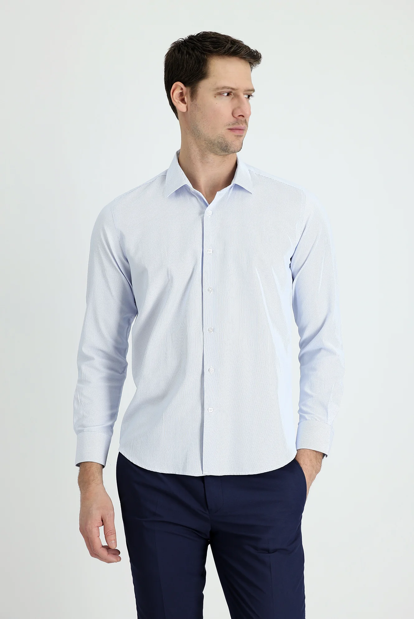 Uçuk Mavi Uzun Kol Slim Fit Dar Kesim Klasik Desenli Pamuklu Kolay Ütülenebilir Gömlek