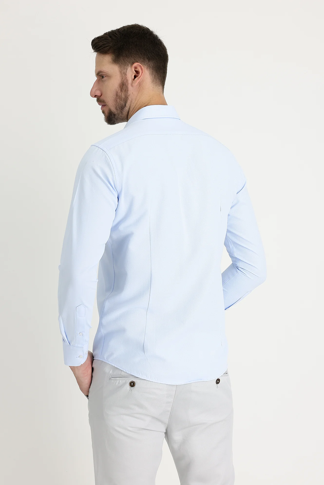 Uçuk Mavi Uzun Kol Slim Fit Dar Kesim Klasik Desenli Pamuklu Kolay Ütülenebilir Gömlek - Image 3