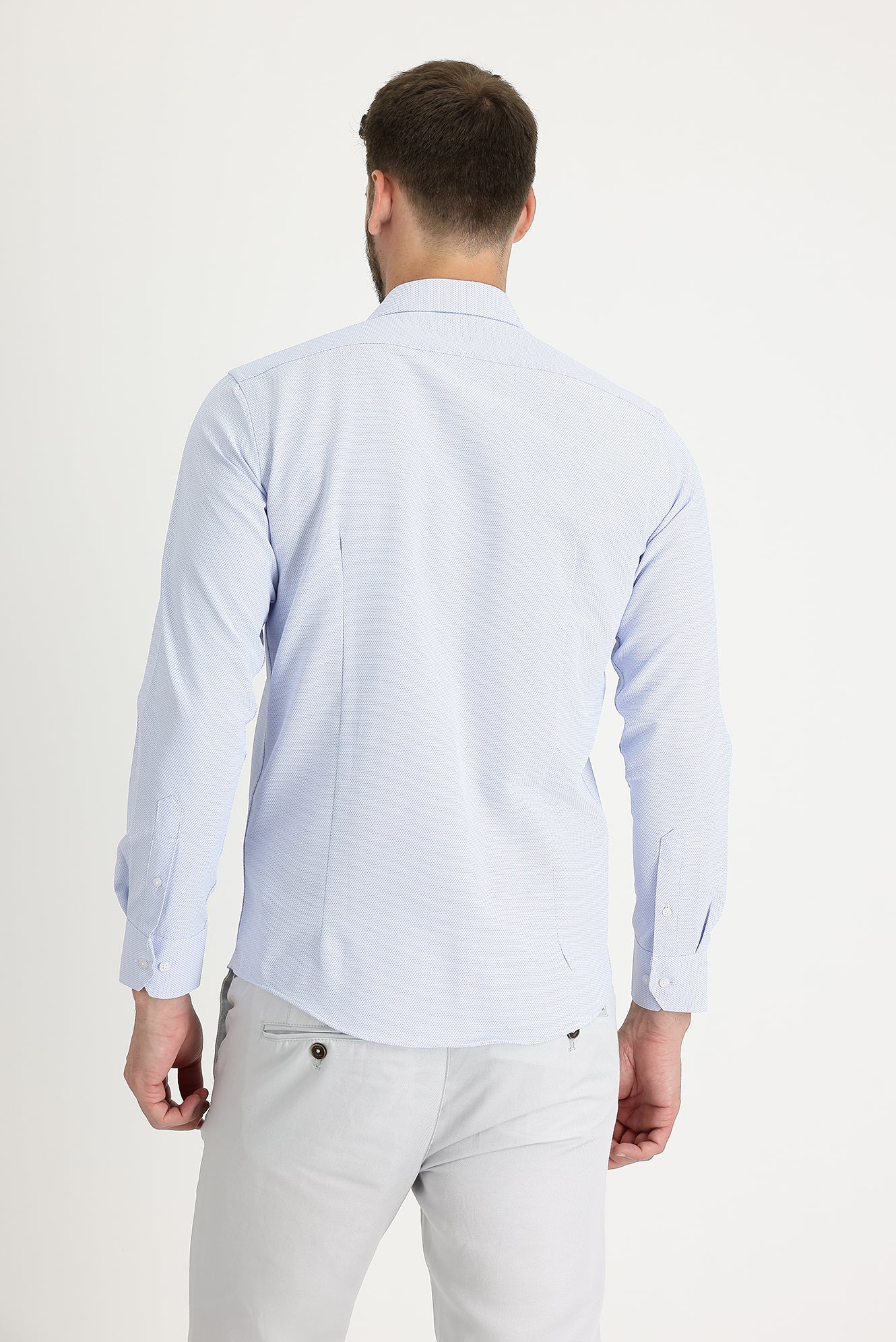 Uçuk Mavi Uzun Kol Slim Fit Dar Kesim Klasik Desenli Pamuklu Kolay Ütülenebilir Gömlek - Image 3