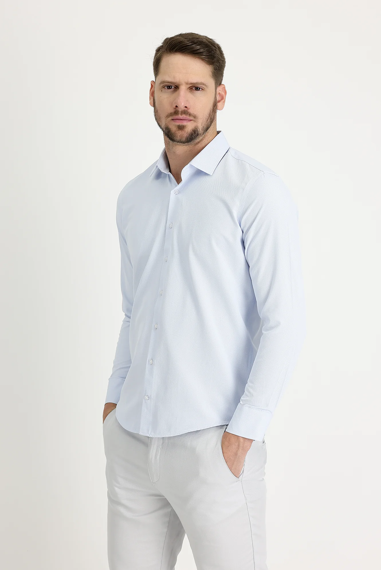 Uçuk Mavi Uzun Kol Slim Fit Dar Kesim Klasik Desenli Pamuklu Kolay Ütülenebilir Gömlek