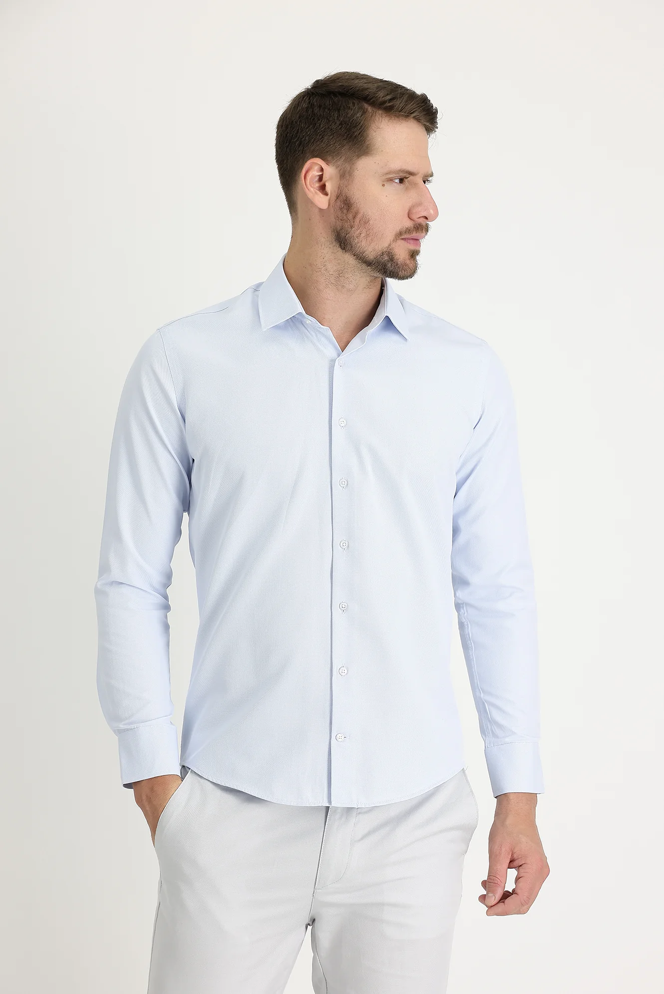 Uçuk Mavi Uzun Kol Slim Fit Dar Kesim Klasik Desenli Pamuklu Kolay Ütülenebilir Gömlek - Image 2
