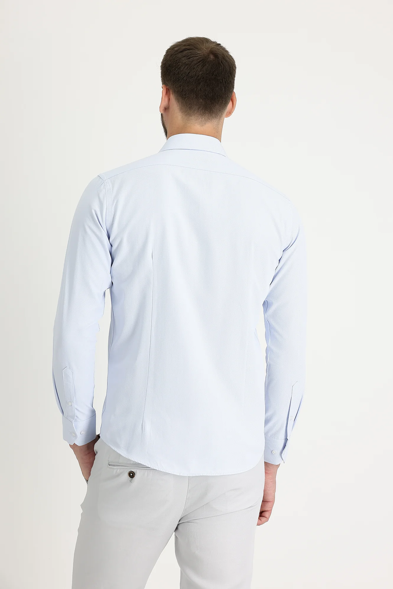 Uçuk Mavi Uzun Kol Slim Fit Dar Kesim Klasik Desenli Pamuklu Kolay Ütülenebilir Gömlek - Image 3