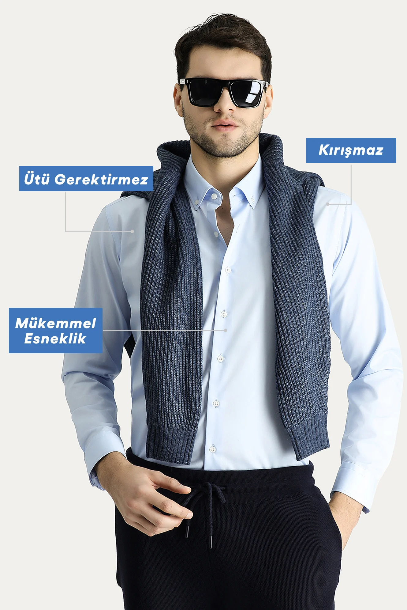 Uçuk Mavi Uzun Kol Slim Fit Düğmeli Yaka Pamuklu Non Iron Ütü Gerektirmeyen Gömlek