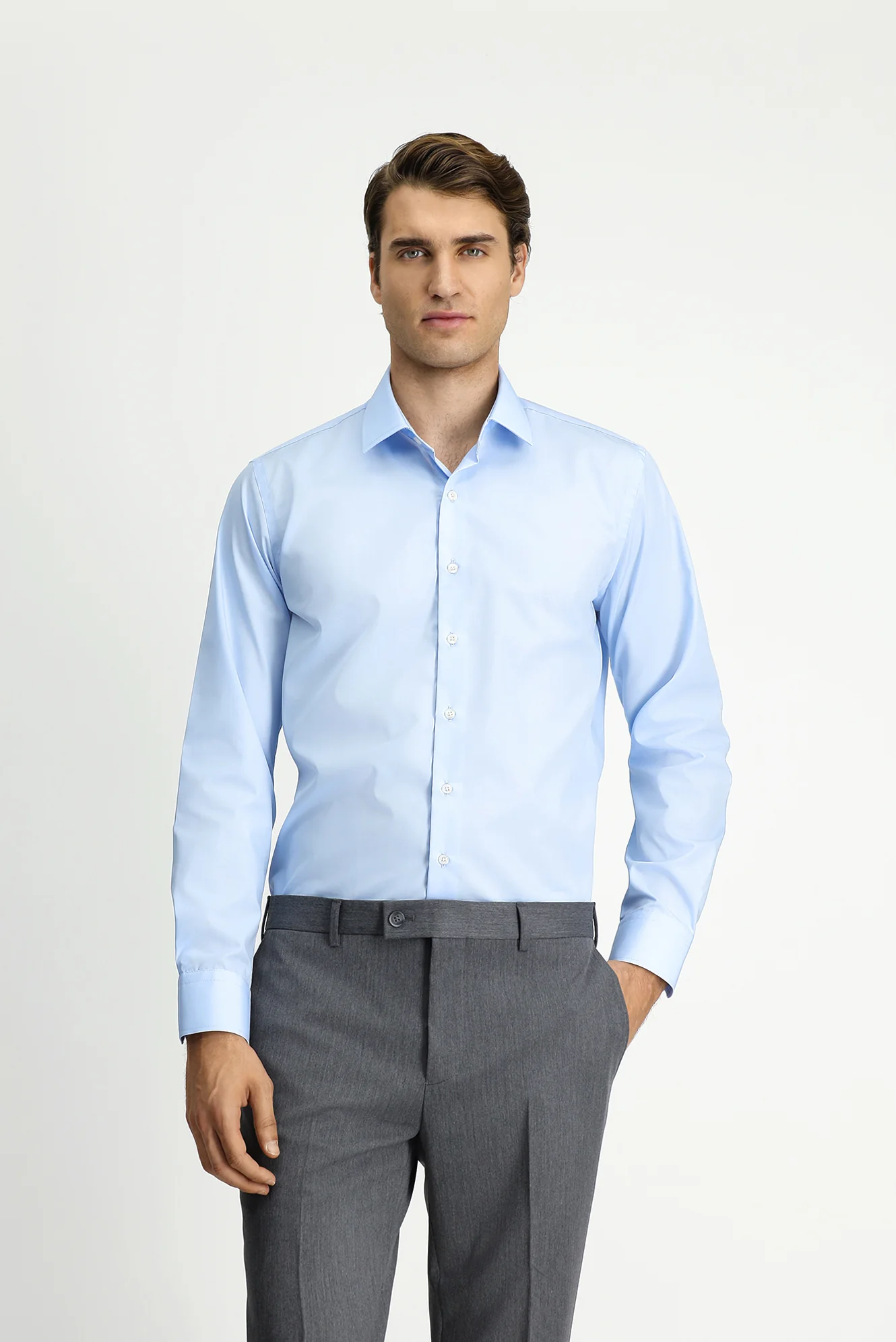 Uçuk Mavi Uzun Kol Slim Fit Non Iron Ütü Gerektirmeyen Pamuklu Klasik Gömlek - Image 3