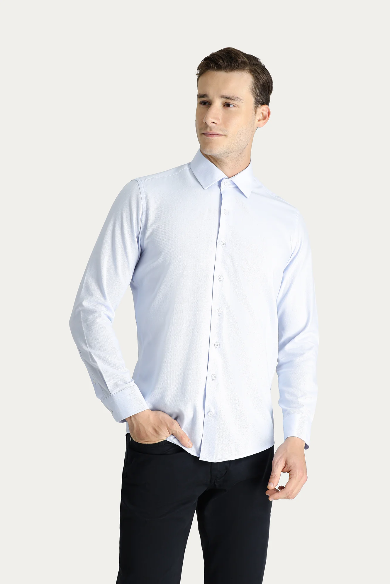 Uçuk Mavi Uzun Kol Slim Fit Dar Kesim Oxford Pamuk Gömlek - Image 3