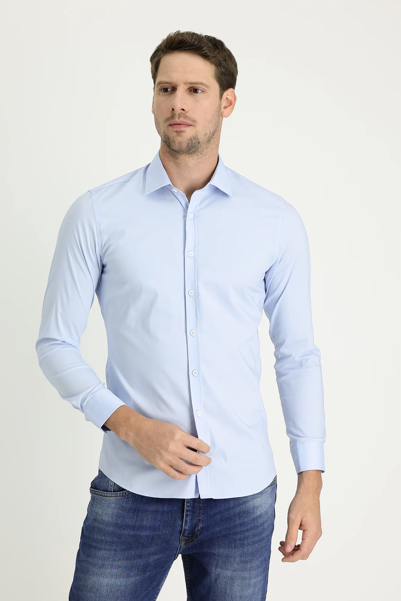 Uçuk Mavi Uzun Kol Super Slim Fit Ekstra Dar Kesim Fit Klasik Pamuklu Gömlek