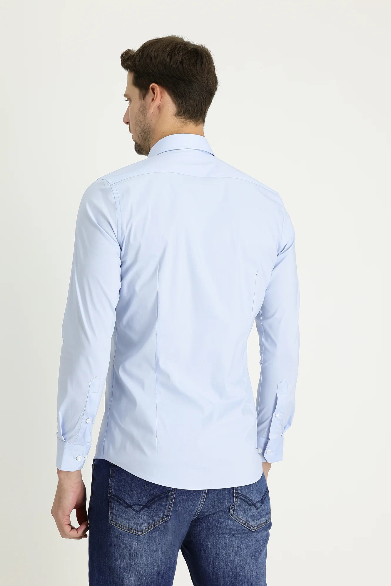 Uçuk Mavi Uzun Kol Super Slim Fit Ekstra Dar Kesim Fit Klasik Pamuklu Gömlek - Image 4