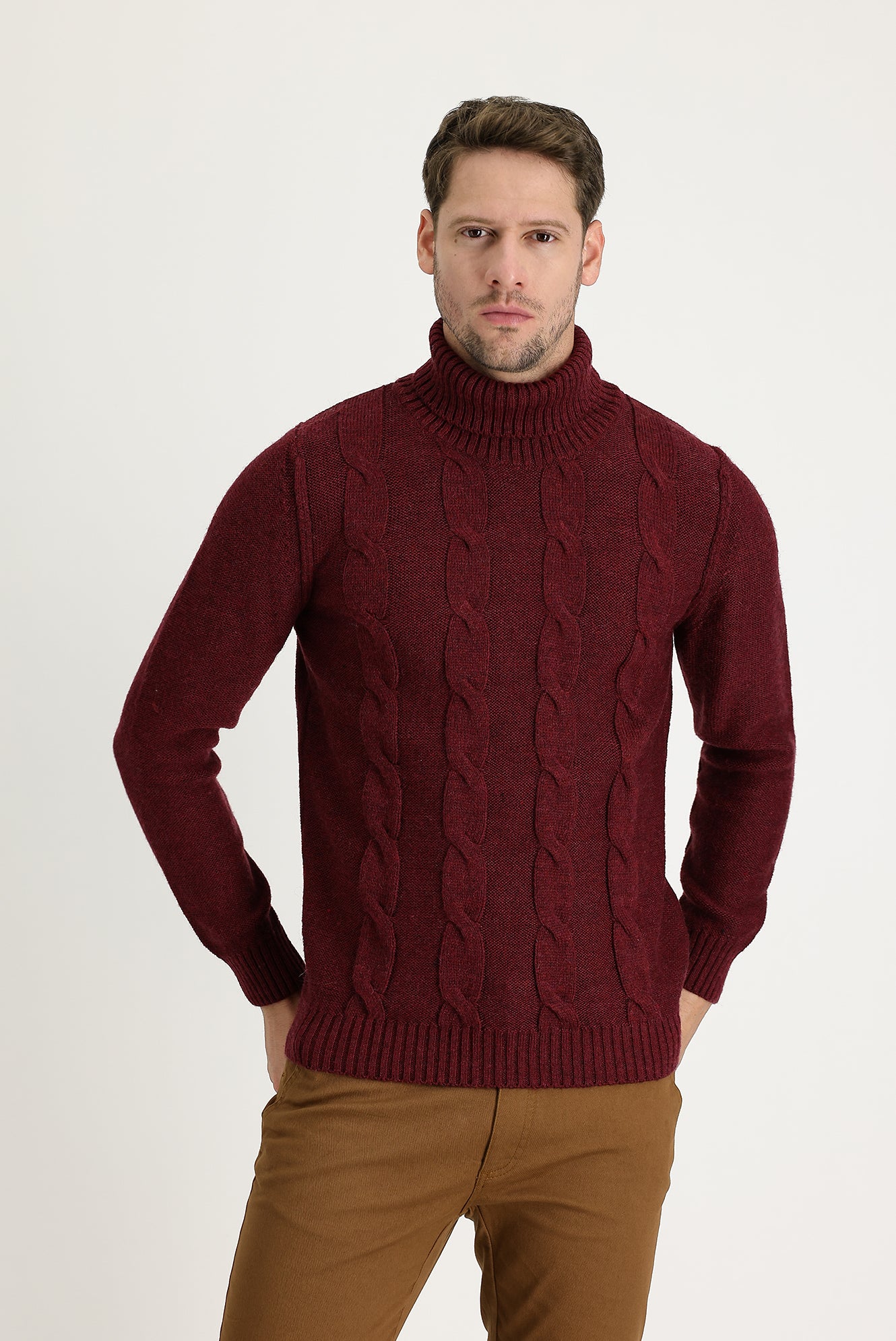 Vişne Balıkçı Yaka Slim Fit Dar Kesim Yünlü Desenli Triko Kazak - Image 2