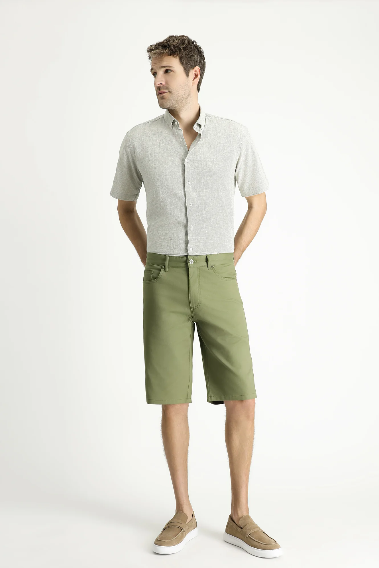 Yağ Yeşili-Olive Relaxed Fit Rahat Kesim Bermuda Şort