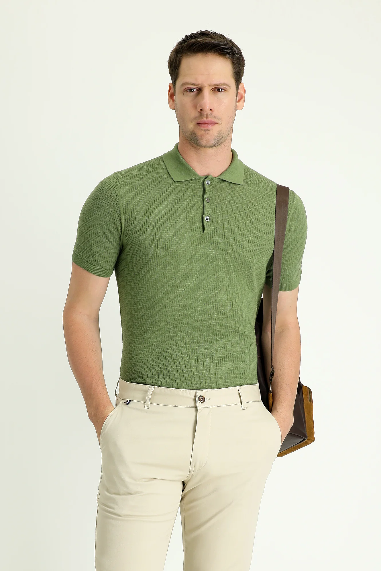 Yağ Yeşili-Olive Polo Yaka Regular Fit Desenli Pamuklu Tişört