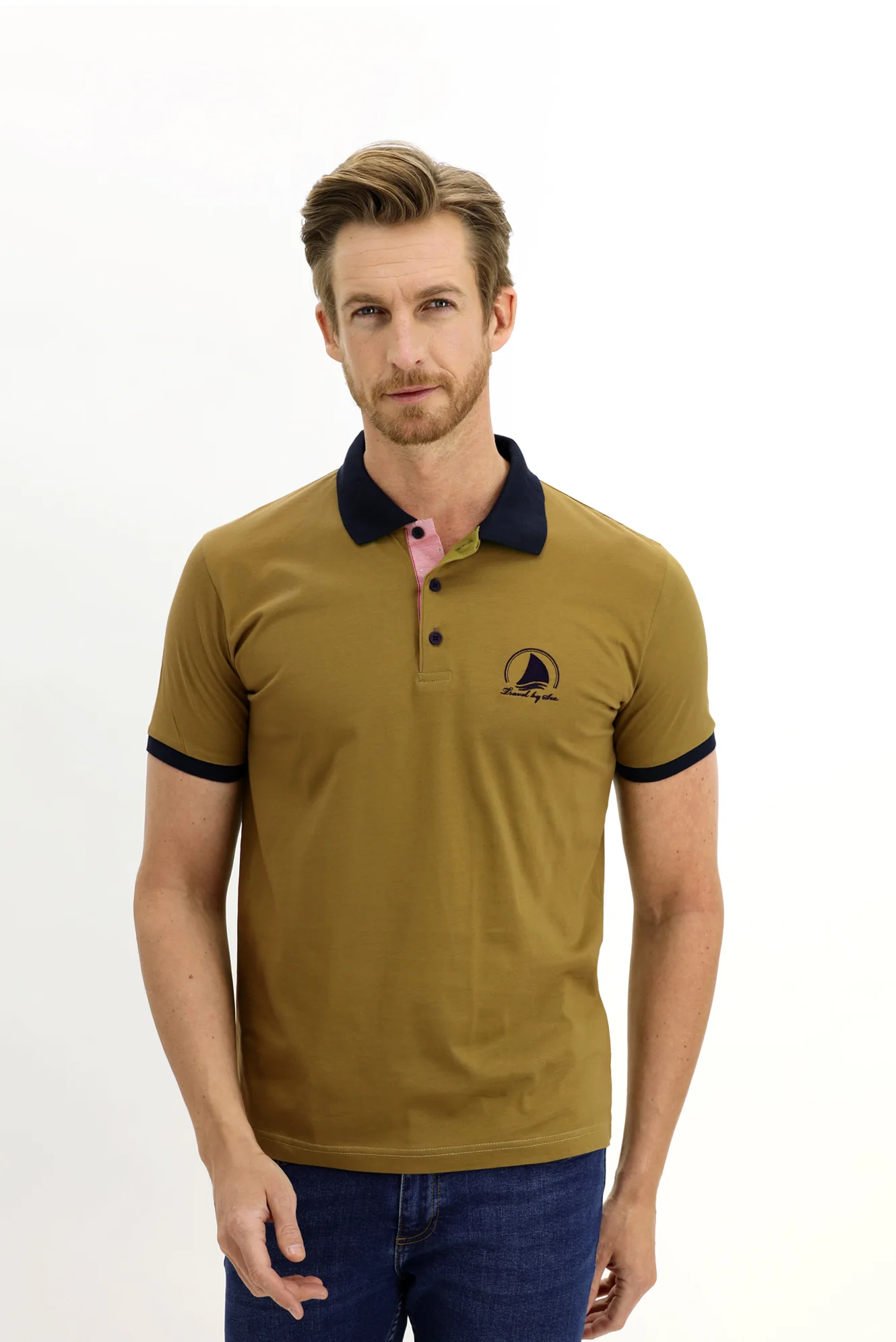 Yağ Yeşili-Olive Polo Yaka Slim Fit Dar Kesim Desenli Pamuk Tişört - Image 2