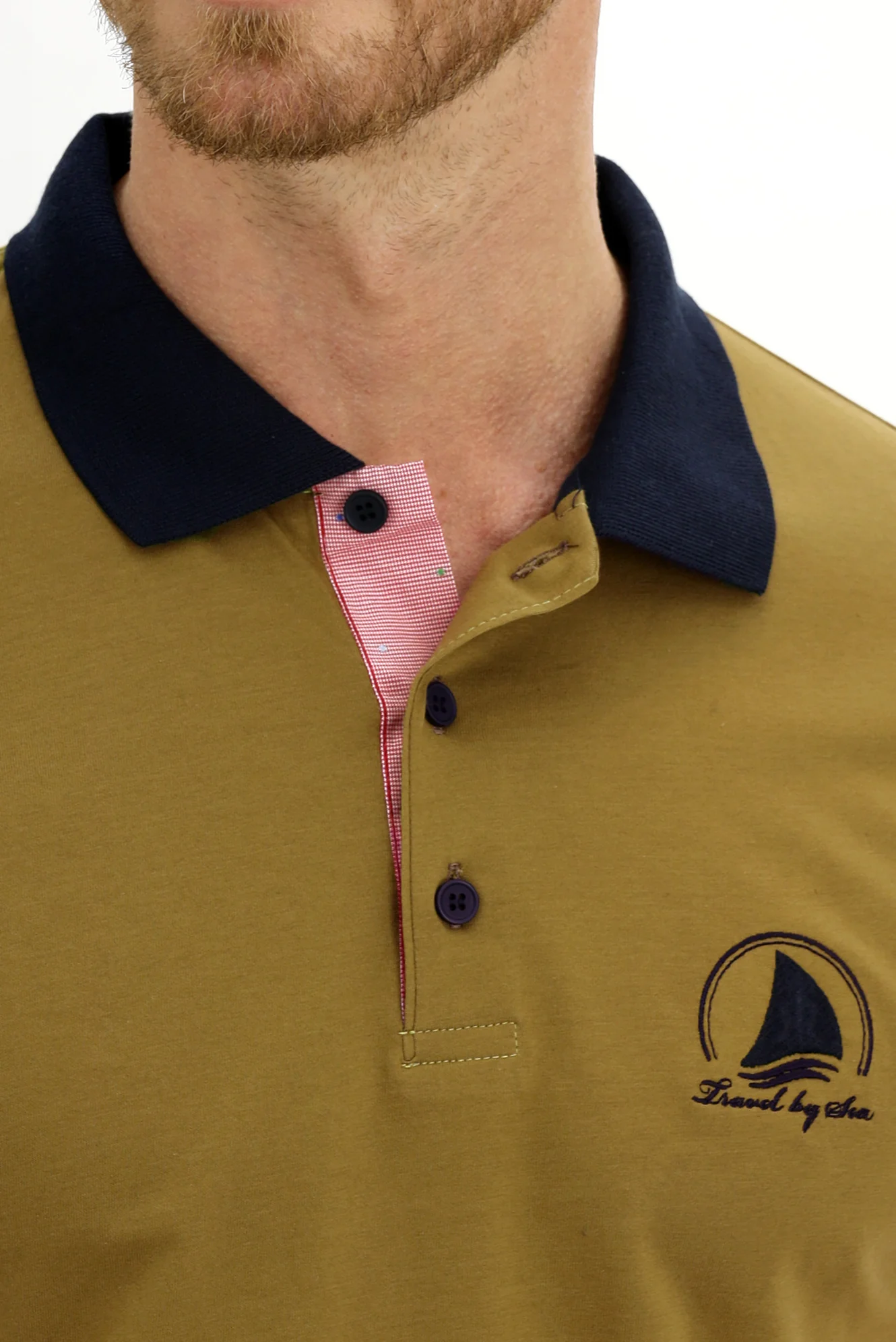 Yağ Yeşili-Olive Polo Yaka Slim Fit Dar Kesim Desenli Pamuk Tişört - Image 3