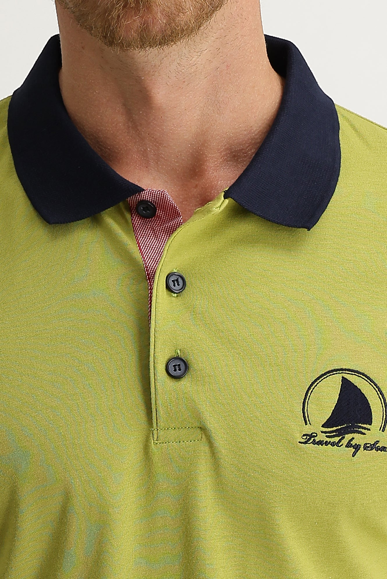 Yağ Yeşili-Olive Polo Yaka Slim Fit Dar Kesim Desenli Tişört - Image 3