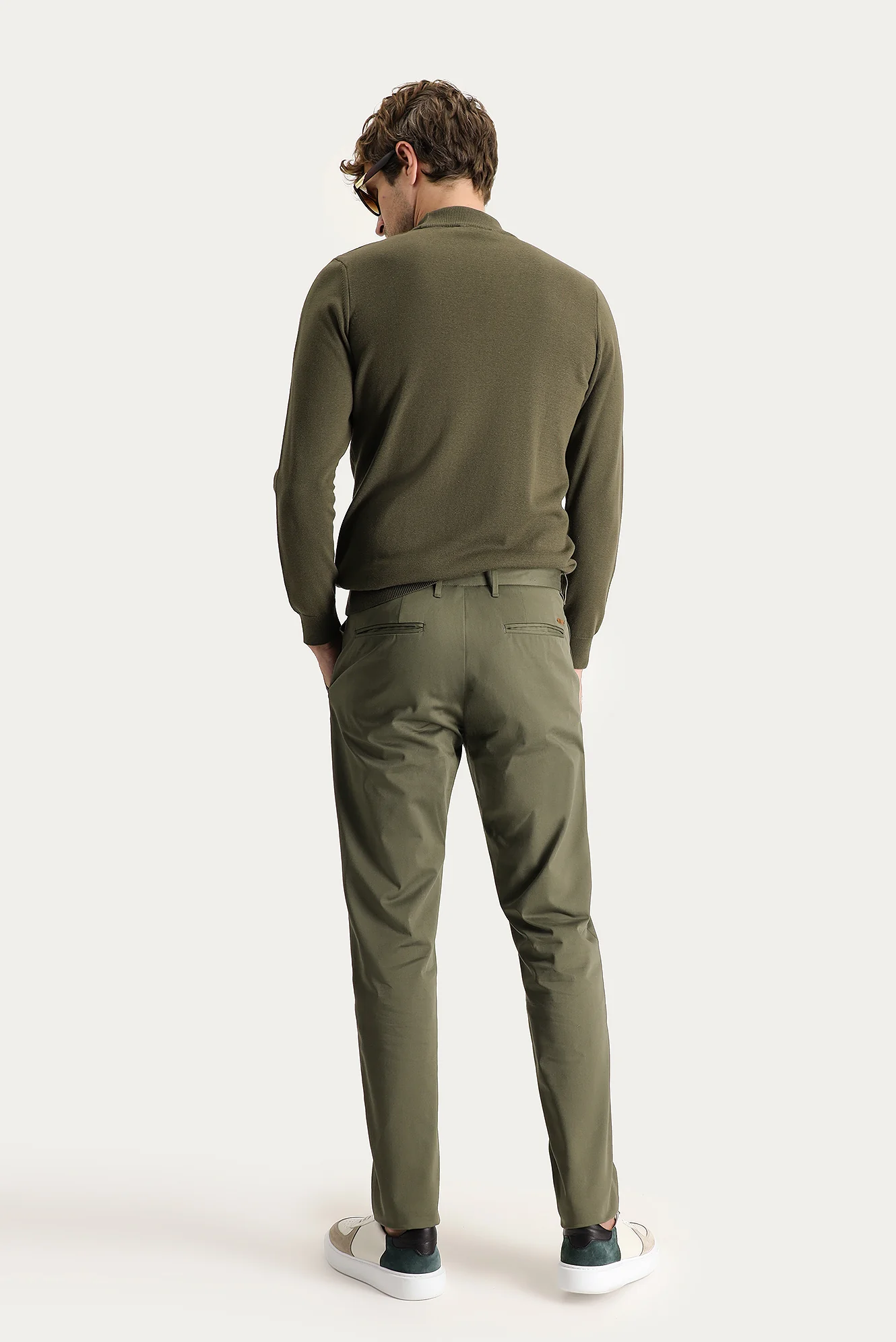 Yağ Yeşili-Olive Regular Fit Standart Kesim Likralı Saten Kanvas / Chino Pantolon - Image 4