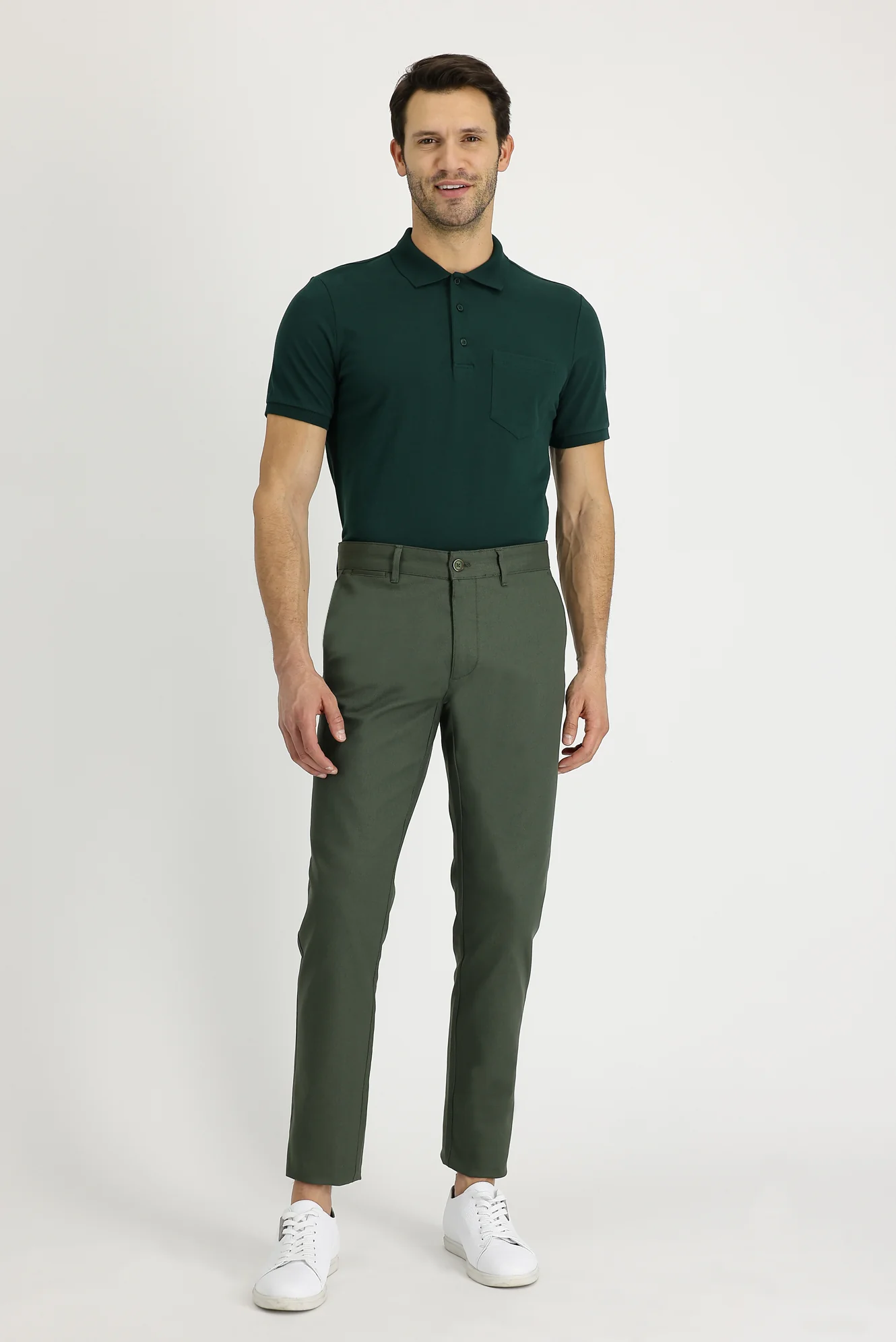 Yağ Yeşili-Olive Relaxed Fit Rahat Kesim Likralı Kanvas / Chino Pantolon