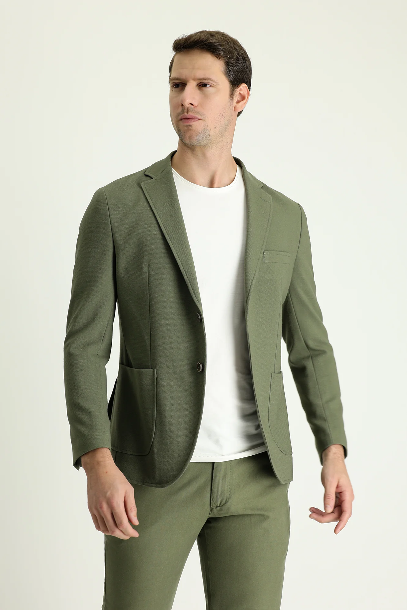 Yağ Yeşili-Olive 7 Drop Slim Fit Dar Kesim Spor Ceket