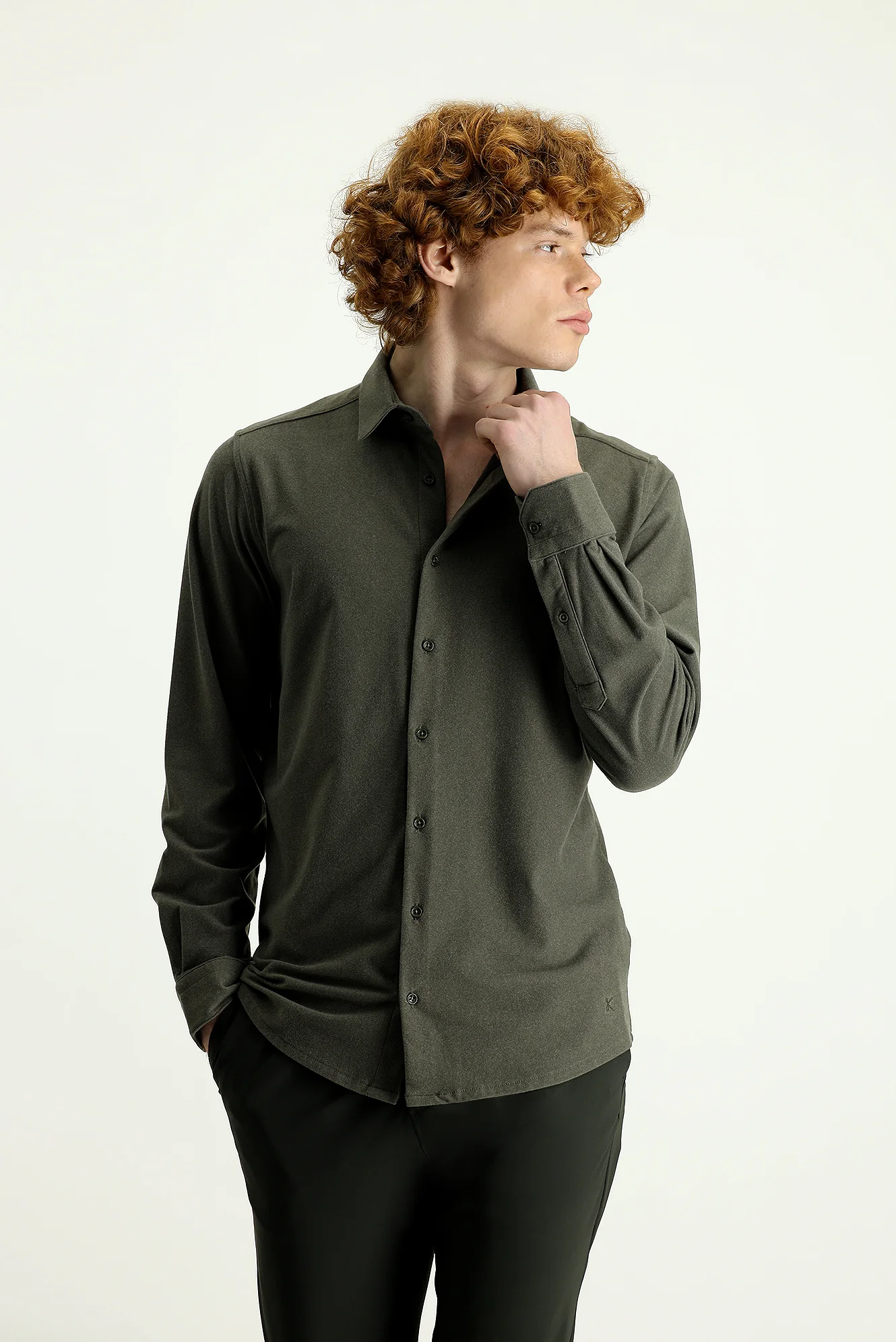 Yağ Yeşili-Olive Techno-Line Uzun Kol Slim Fit Dar Kesim Spor Örme Gömlek - Image 3