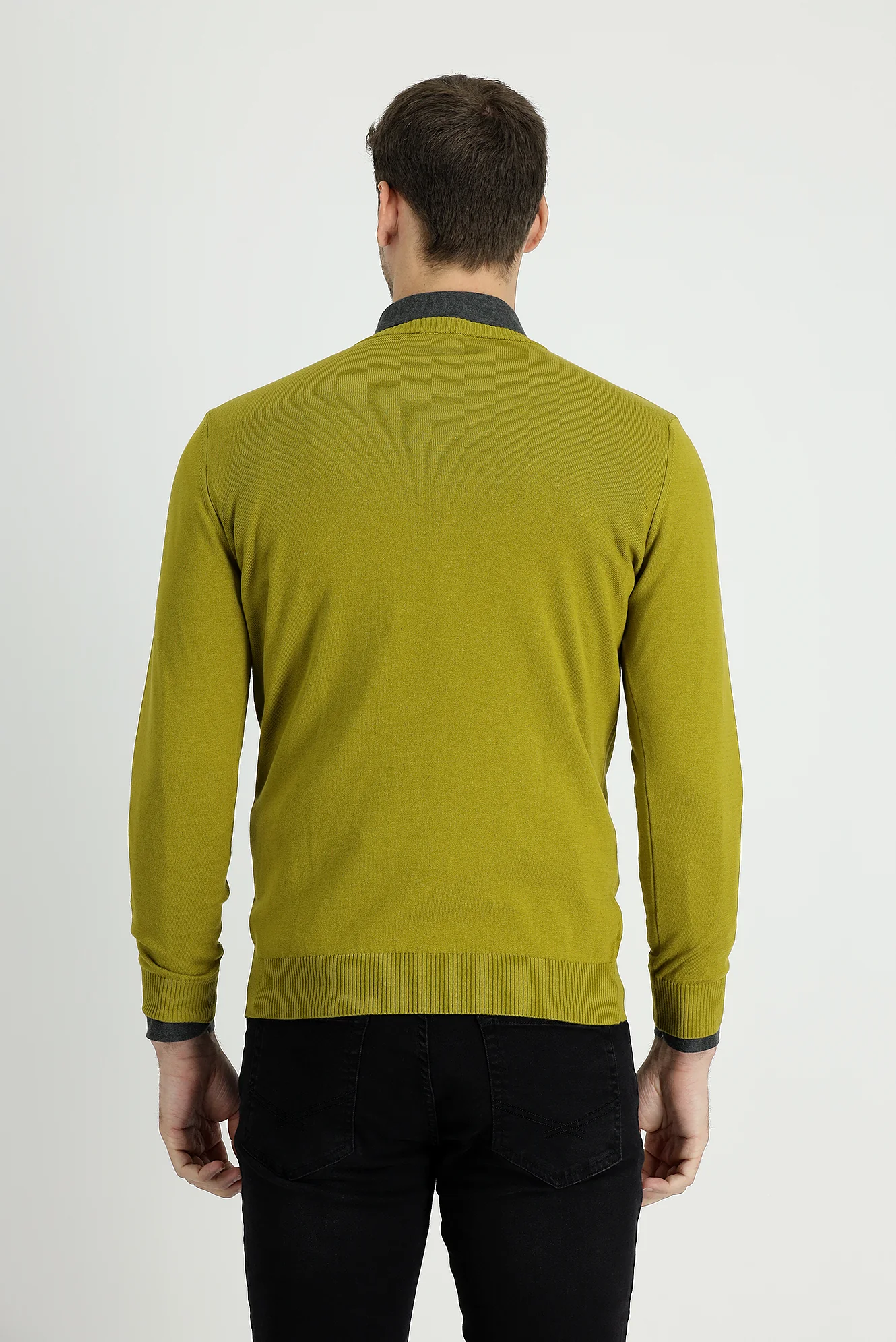 Yağ Yeşili-Olive V Yaka Regular Fit Pamuklu Triko Kazak - Image 3