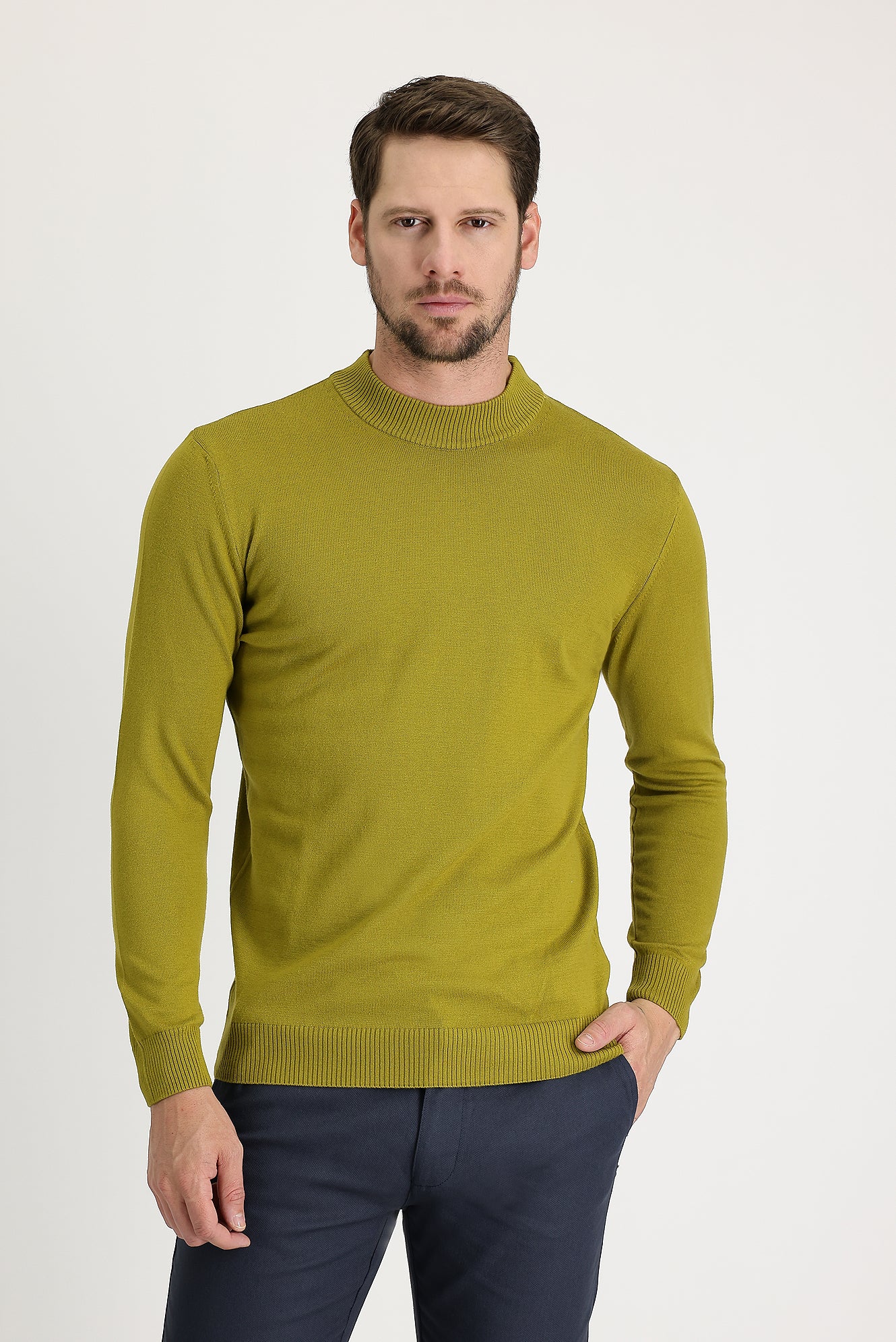 Yağ Yeşili-Olive Yarım Balıkçı Yaka Regular Fit Pamuklu Triko Kazak - Image 2