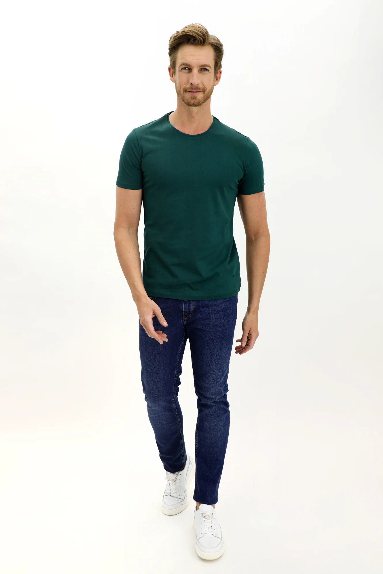 Zümrüt Yeşili Bisiklet Yaka Slim Fit Dar Kesim Pamuk Tişört - Image 2